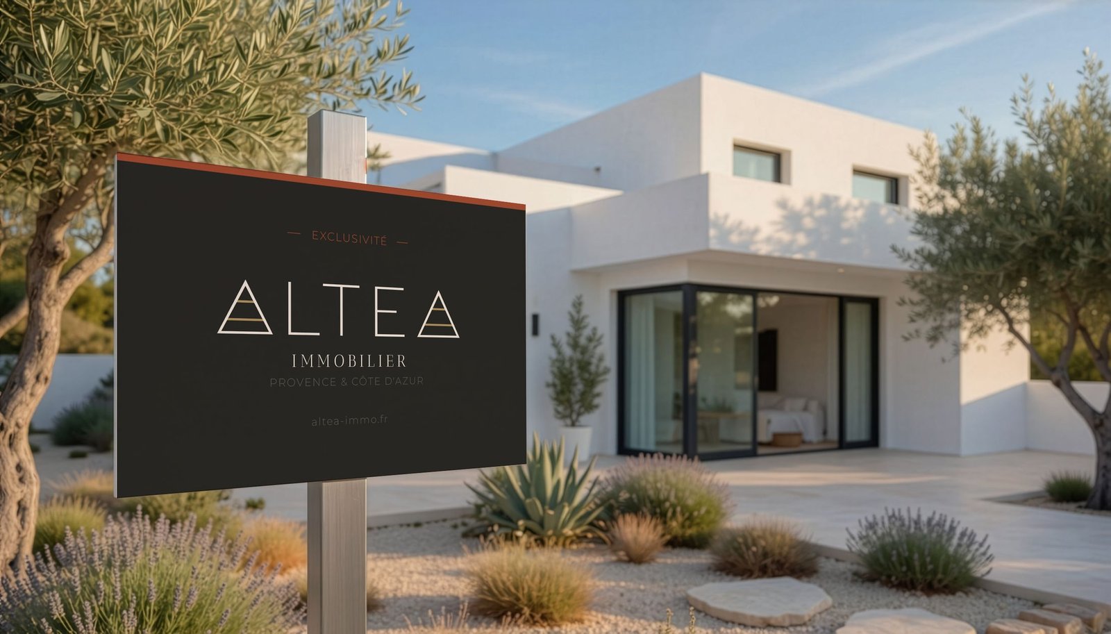 Panneau de vente ALTEA devant une villa